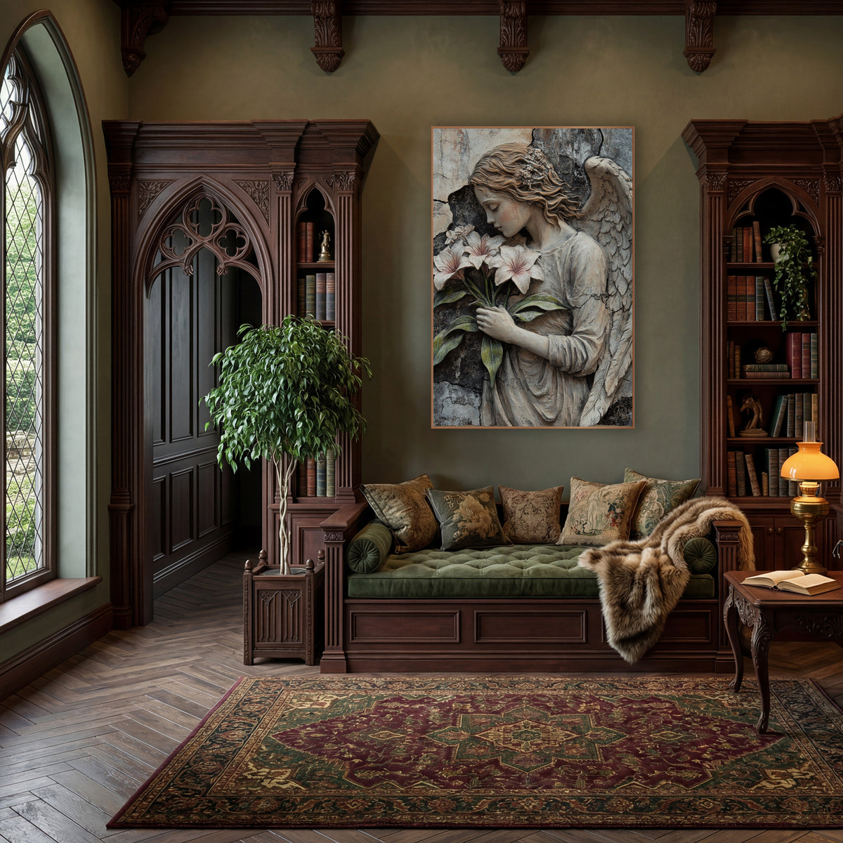 Floral Crowned Angel Gothic Rustic wall art in a moody dark academia room – angel with closed eyes and one raised wing