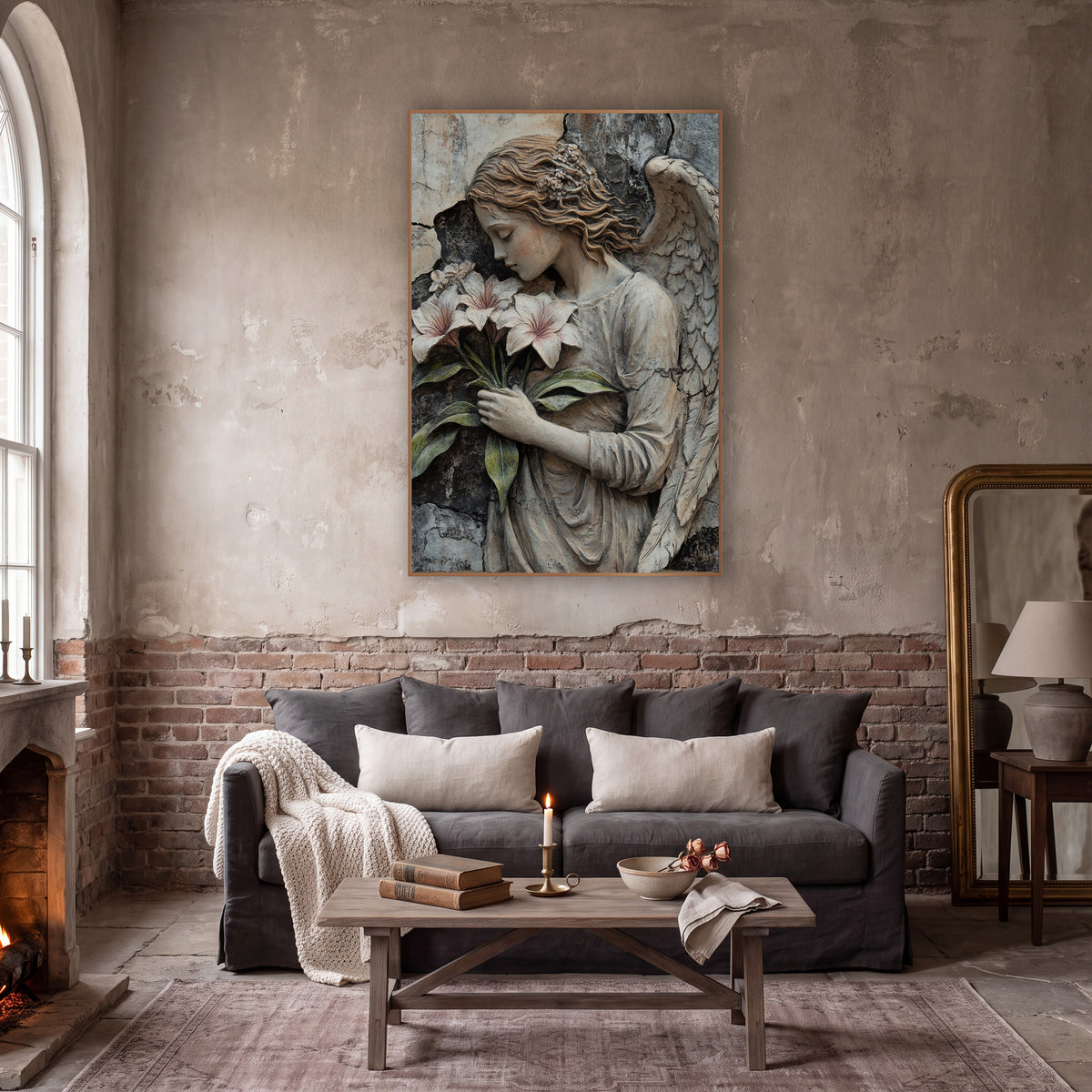 Floral Crowned Angel Gothic Rustic wall art in a moody dark academia room – angel with closed eyes and one raised wing