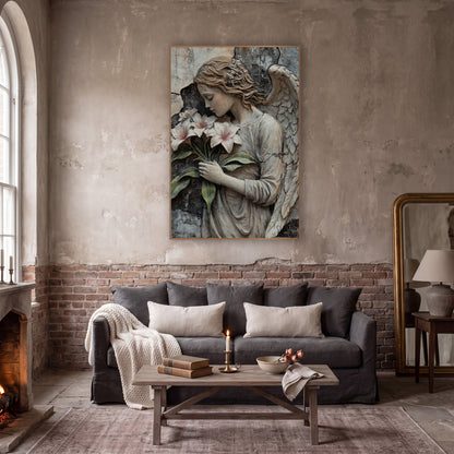 Floral Crowned Angel Gothic Rustic wall art in a moody dark academia room – angel with closed eyes and one raised wing