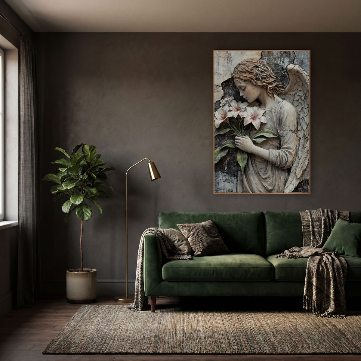 Floral Crowned Angel Gothic Rustic wall art in a moody dark academia room – angel with closed eyes and one raised wing