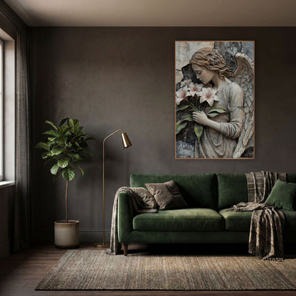Floral Crowned Angel Gothic Rustic wall art in a moody dark academia room – angel with closed eyes and one raised wing