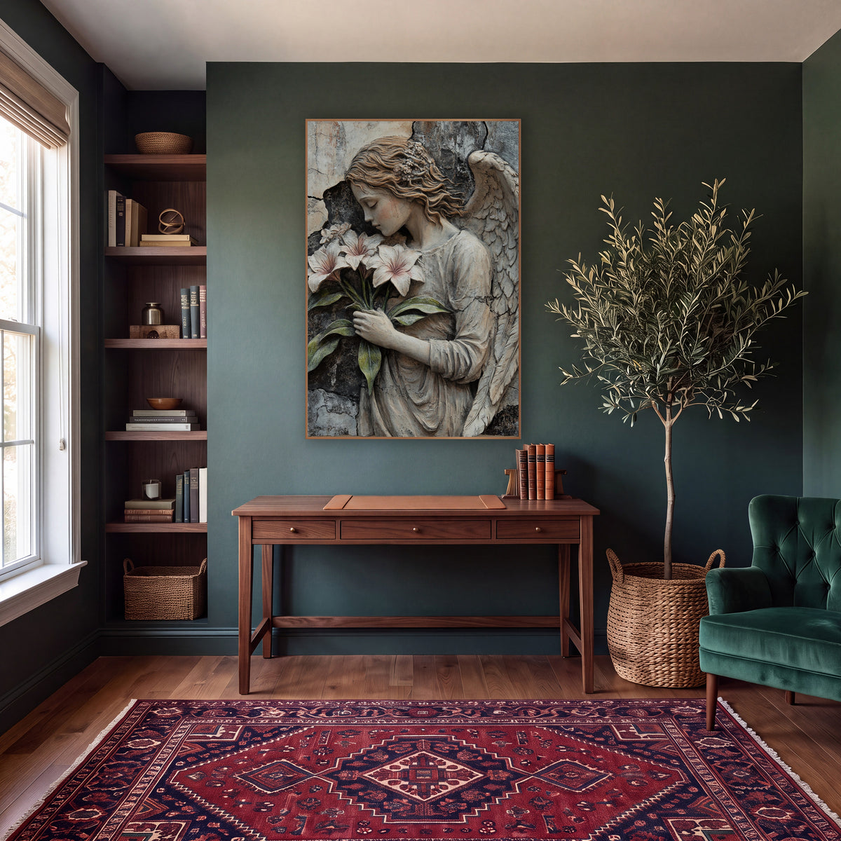 Floral Crowned Angel Gothic Rustic wall art in a moody dark academia room – angel with closed eyes and one raised wing
