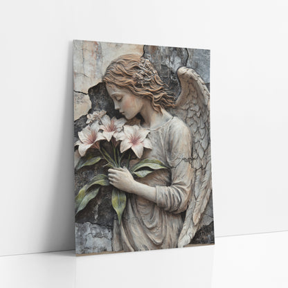 Floral Crowned Angel Gothic Rustic art print leaning against a white wall – angel with closed eyes and one raised wing