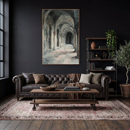 Vaulted Stone Cloister Arcade Architectural wall art in a moody dark academia room – long stone cloister arcade