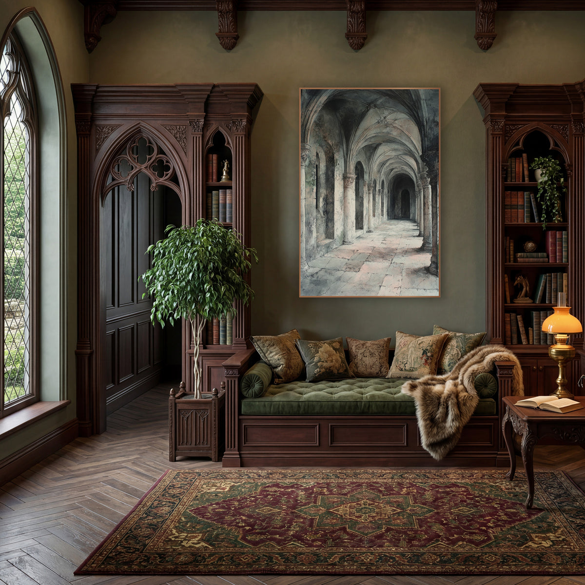Vaulted Stone Cloister Arcade Architectural wall art in a moody dark academia room – long stone cloister arcade