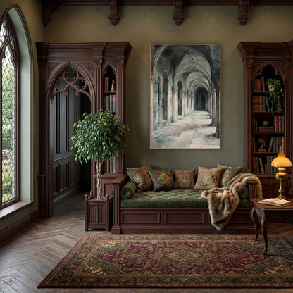 Vaulted Stone Cloister Arcade Architectural wall art in a moody dark academia room – long stone cloister arcade