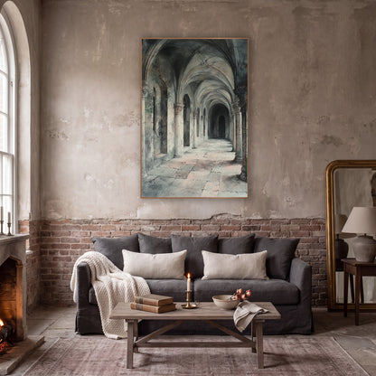 Vaulted Stone Cloister Arcade Architectural wall art in a moody dark academia room – long stone cloister arcade