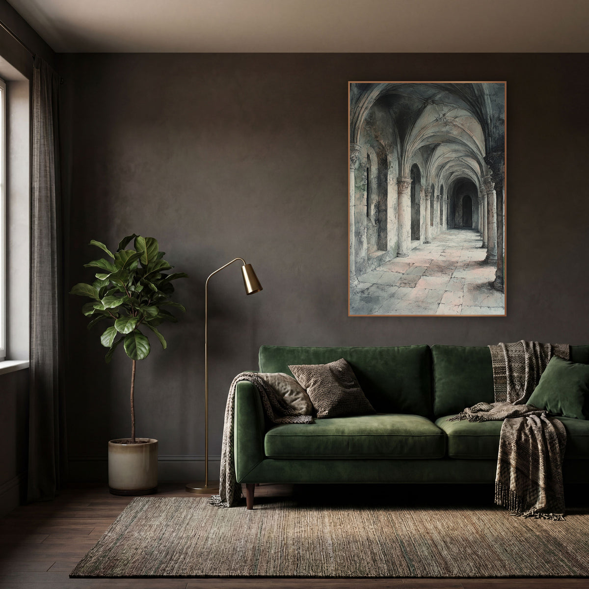 Vaulted Stone Cloister Arcade Architectural wall art in a moody dark academia room – long stone cloister arcade