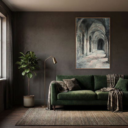 Vaulted Stone Cloister Arcade Architectural wall art in a moody dark academia room – long stone cloister arcade