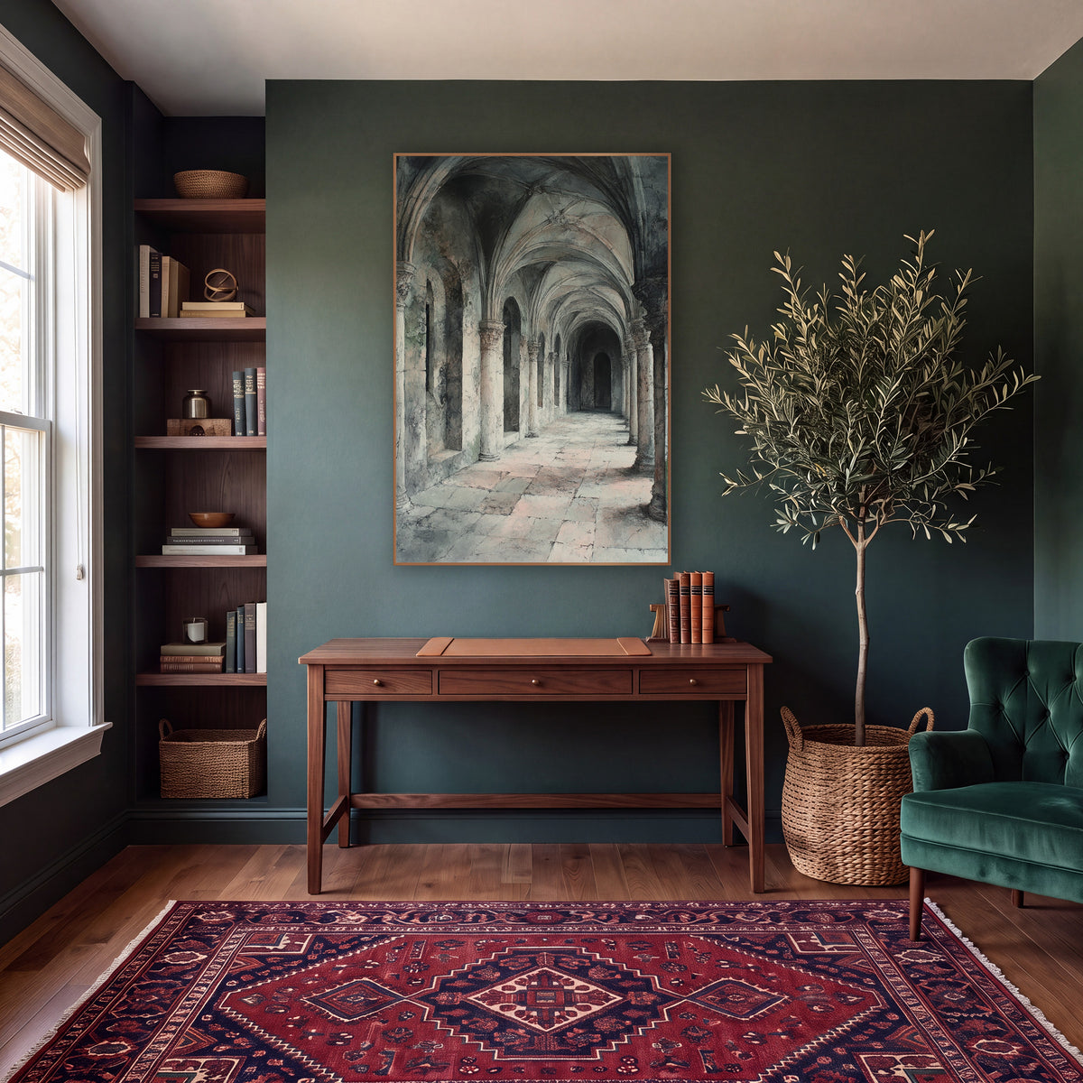 Vaulted Stone Cloister Arcade Architectural wall art in a moody dark academia room – long stone cloister arcade