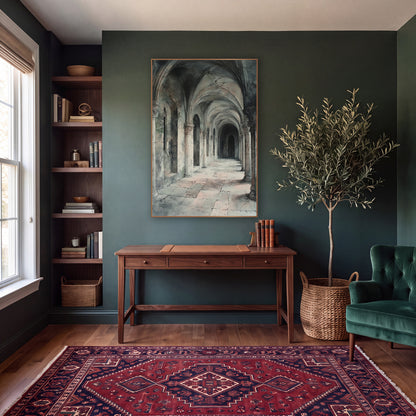 Vaulted Stone Cloister Arcade Architectural wall art in a moody dark academia room – long stone cloister arcade