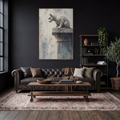 Perched Stone Gargoyle Dark Academia wall art in a moody dark academia room – stone gargoyle crouching on a speckled