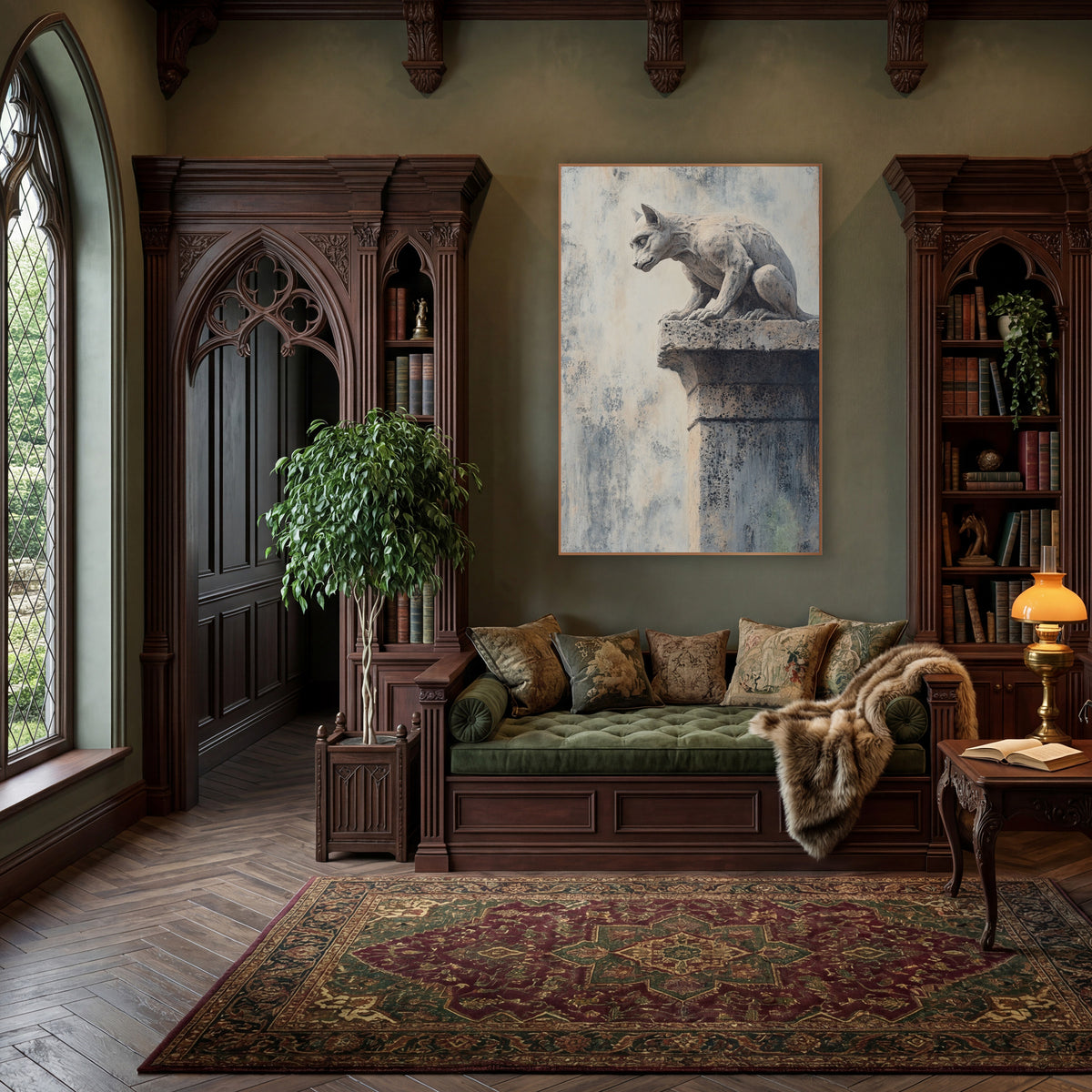 Perched Stone Gargoyle Dark Academia wall art in a moody dark academia room – stone gargoyle crouching on a speckled