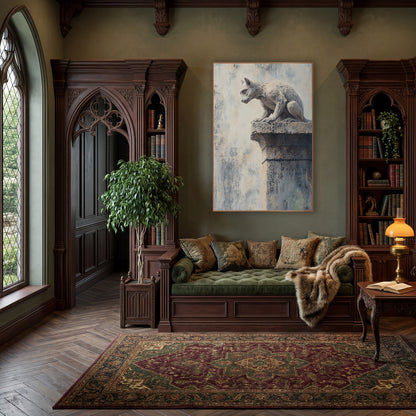 Perched Stone Gargoyle Dark Academia wall art in a moody dark academia room – stone gargoyle crouching on a speckled