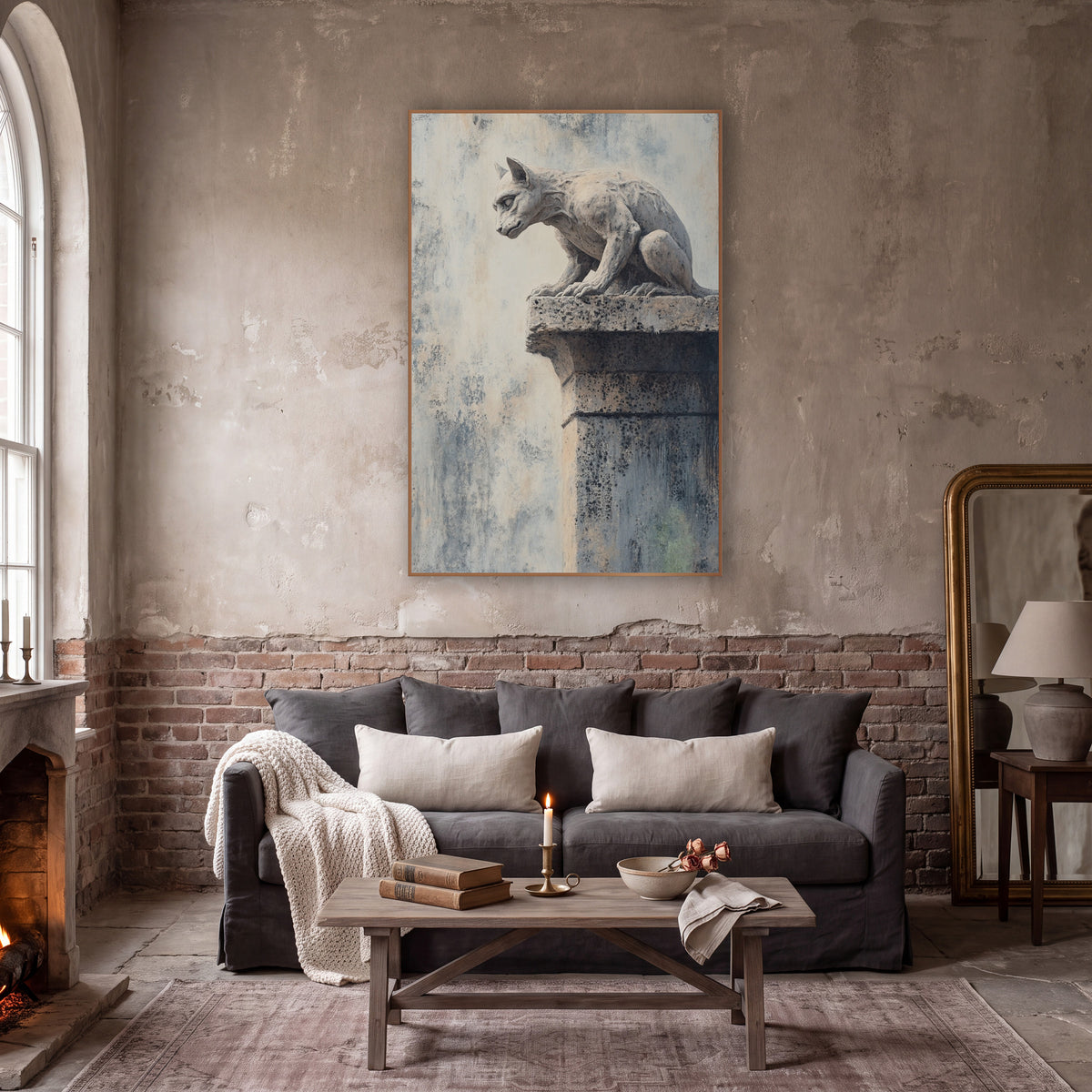 Perched Stone Gargoyle Dark Academia wall art in a moody dark academia room – stone gargoyle crouching on a speckled