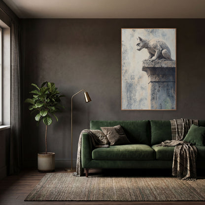 Perched Stone Gargoyle Dark Academia wall art in a moody dark academia room – stone gargoyle crouching on a speckled
