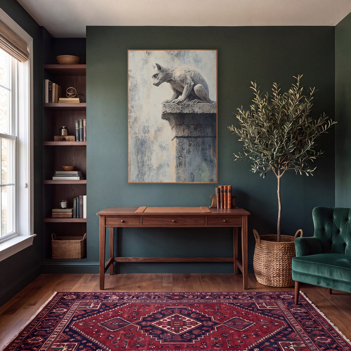 Perched Stone Gargoyle Dark Academia wall art in a moody dark academia room – stone gargoyle crouching on a speckled