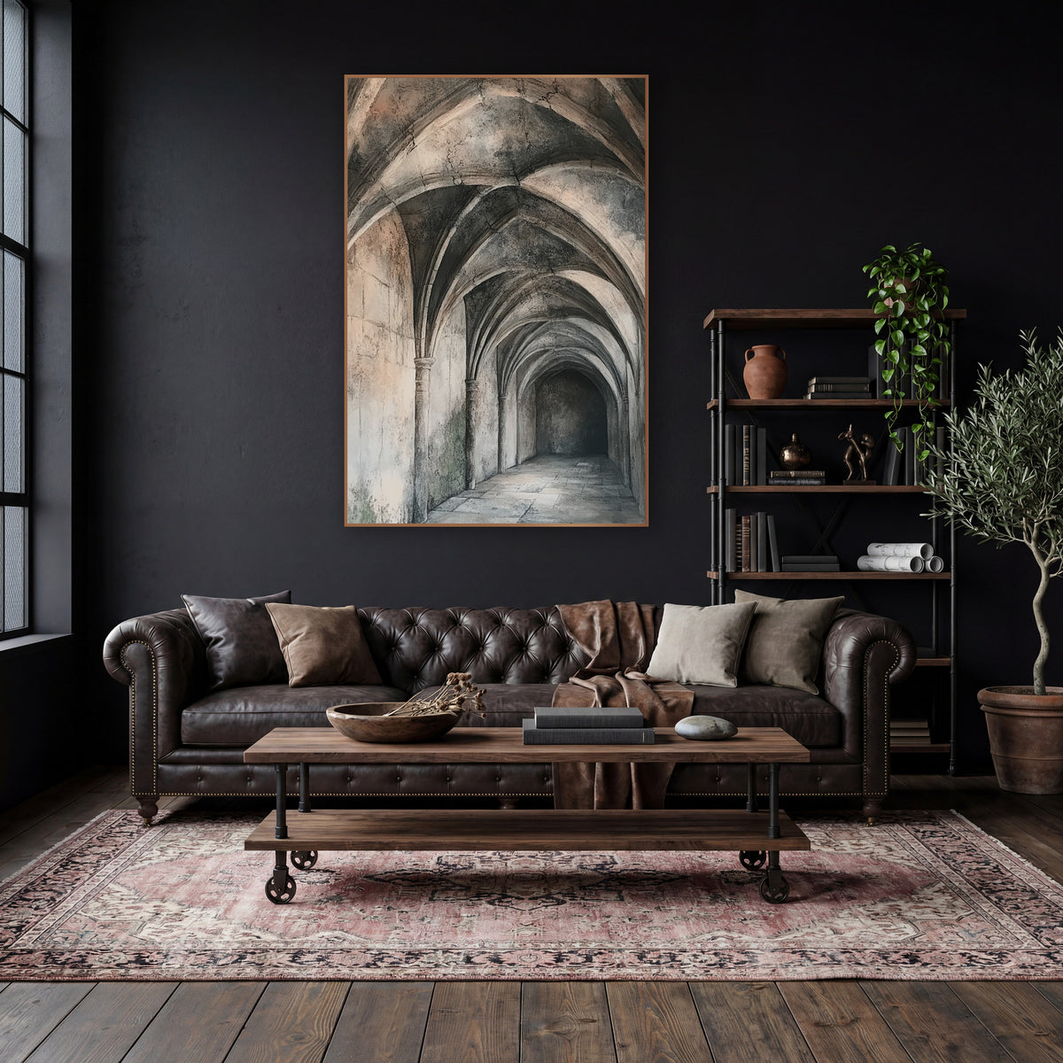 Ribbed Vault Stone Corridor Architectural wall art in a moody dark academia room – long stone corridor with ribbed