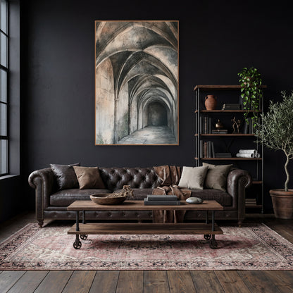 Ribbed Vault Stone Corridor Architectural wall art in a moody dark academia room – long stone corridor with ribbed