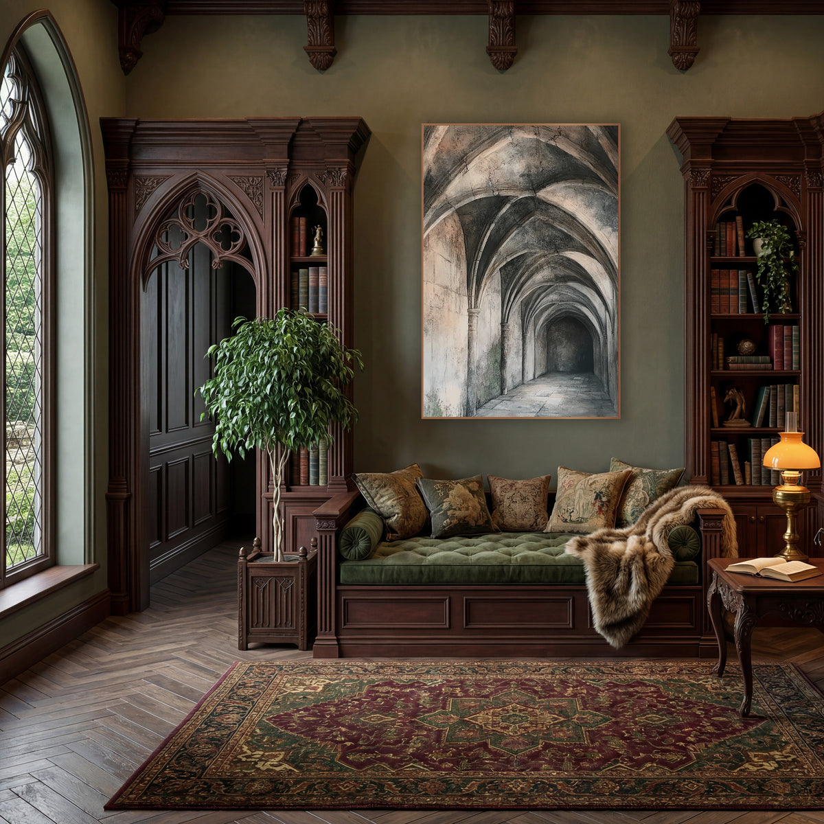 Ribbed Vault Stone Corridor Architectural wall art in a moody dark academia room – long stone corridor with ribbed