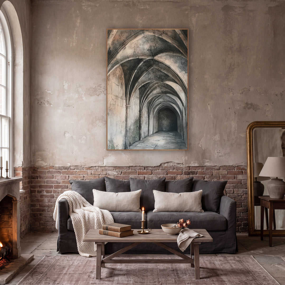 Ribbed Vault Stone Corridor Architectural wall art in a moody dark academia room – long stone corridor with ribbed