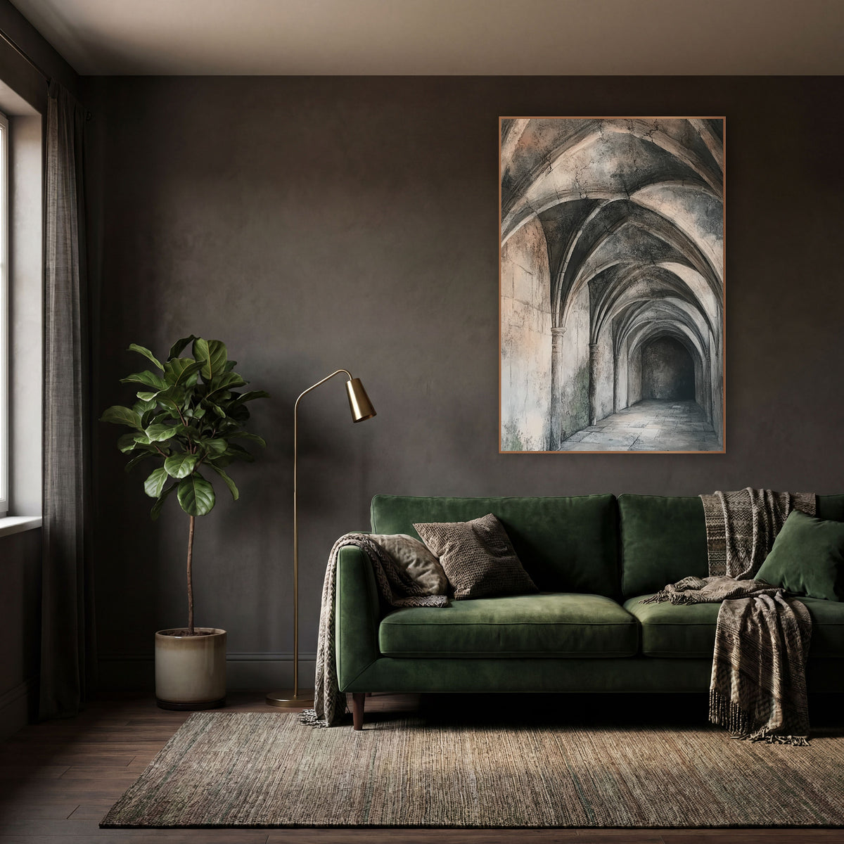 Ribbed Vault Stone Corridor Architectural wall art in a moody dark academia room – long stone corridor with ribbed