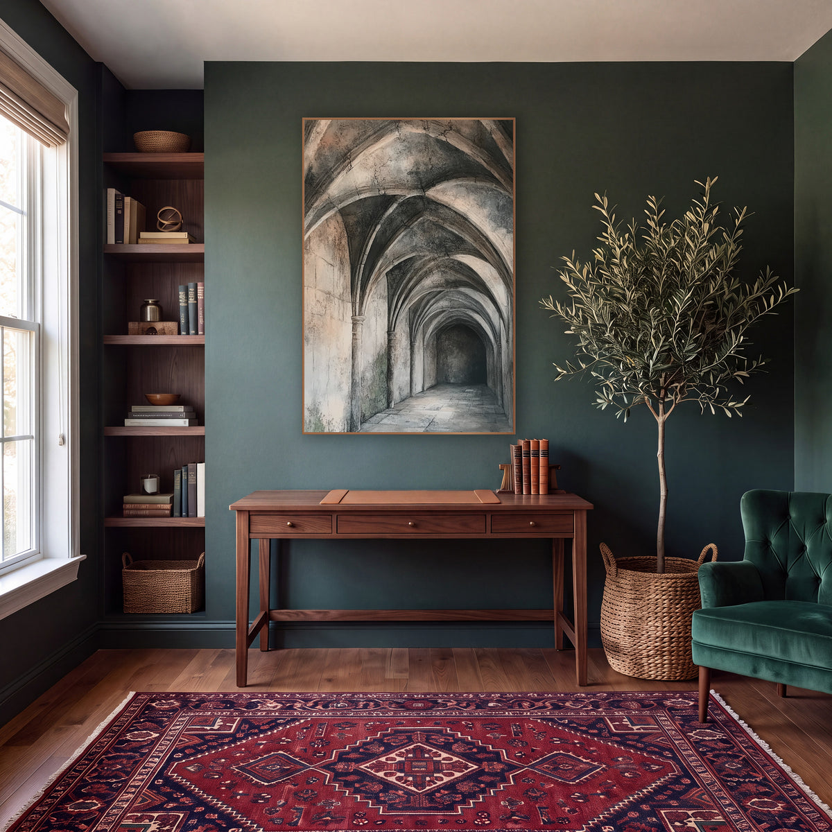 Ribbed Vault Stone Corridor Architectural wall art in a moody dark academia room – long stone corridor with ribbed