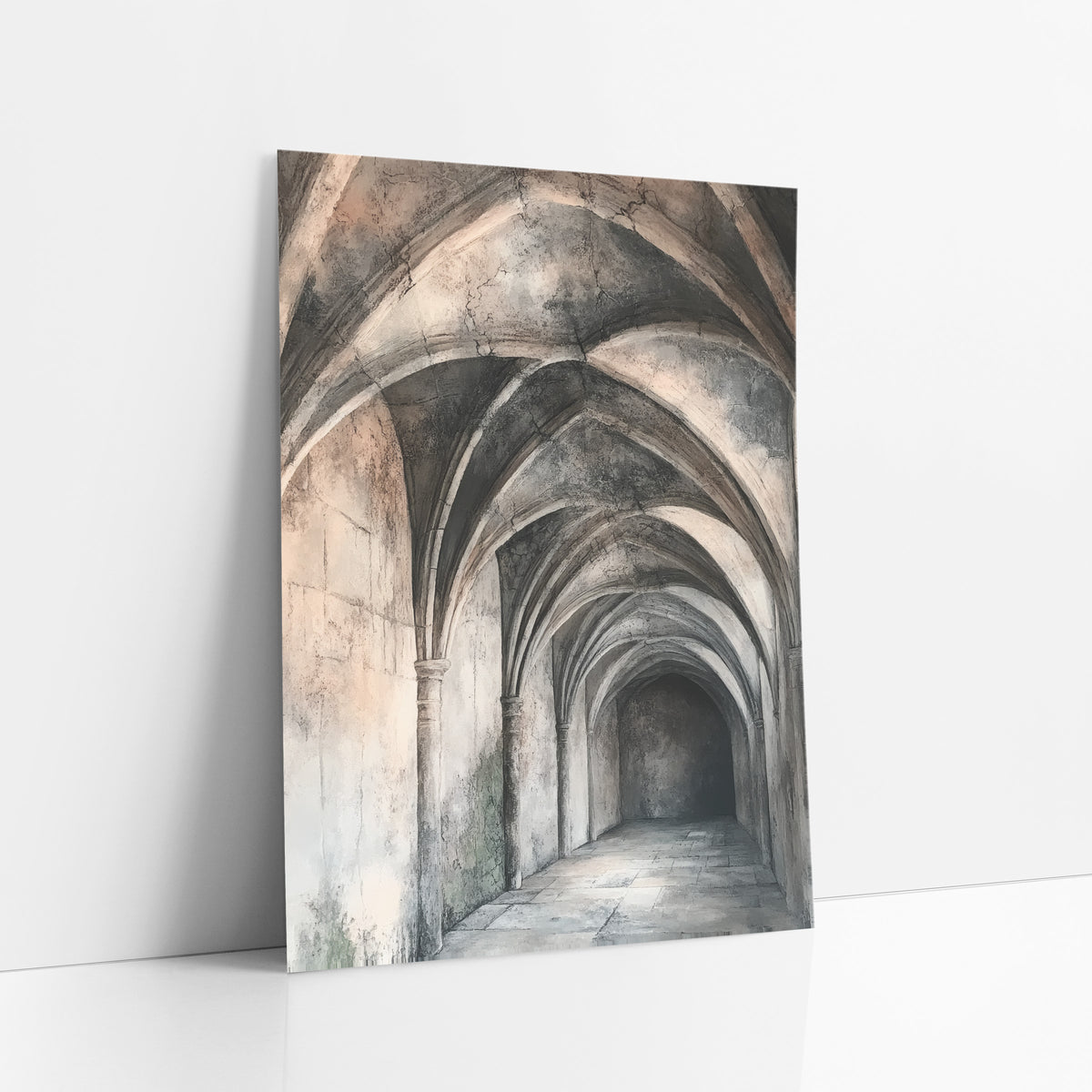 Ribbed Vault Stone Corridor Architectural art print leaning against a white wall – long stone corridor with ribbed arches