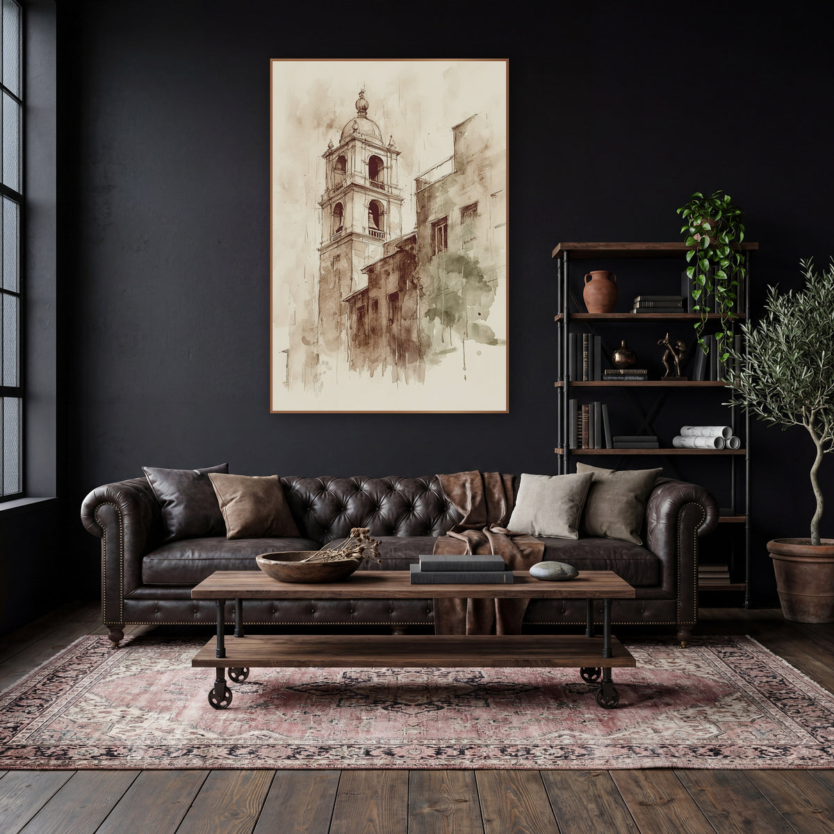 Domed Belfry Rooftops Classic wall art in a moody dark academia room – sepia ink and wash drawing of a domed bell
