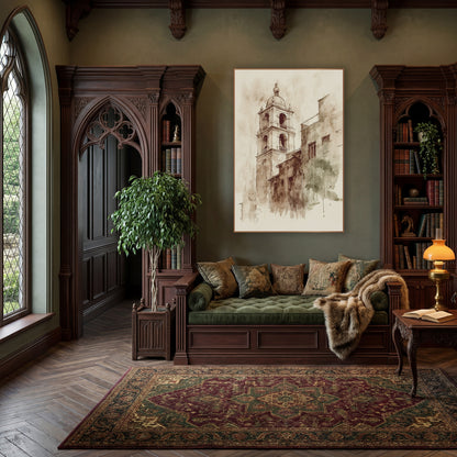 Domed Belfry Rooftops Classic wall art in a moody dark academia room – sepia ink and wash drawing of a domed bell