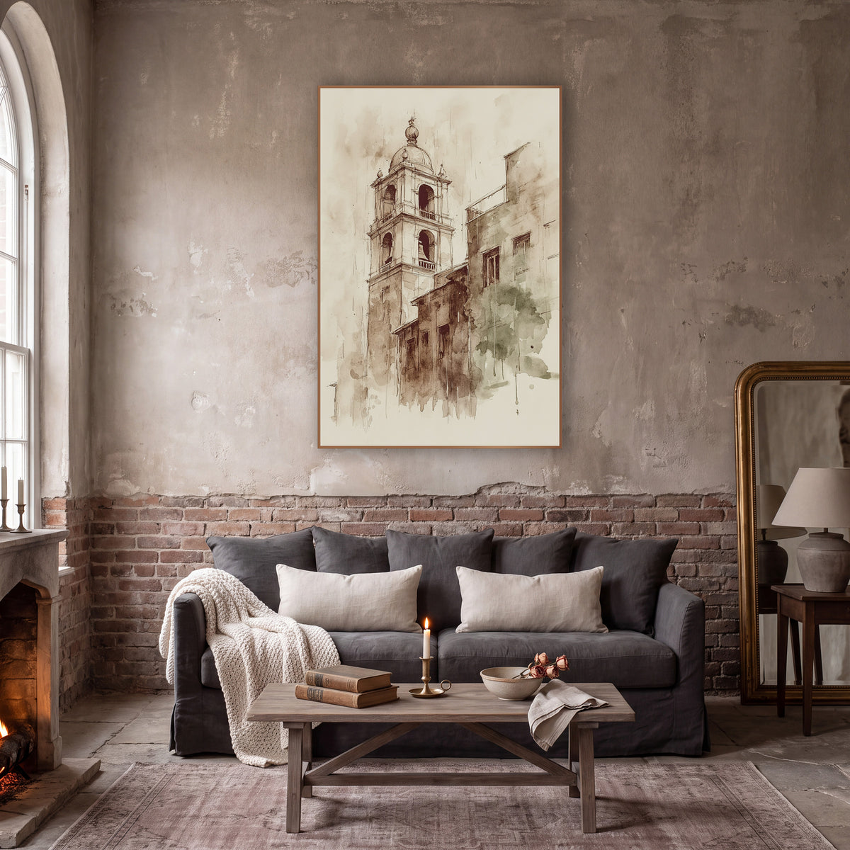 Domed Belfry Rooftops Classic wall art in a moody dark academia room – sepia ink and wash drawing of a domed bell