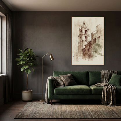 Domed Belfry Rooftops Classic wall art in a moody dark academia room – sepia ink and wash drawing of a domed bell