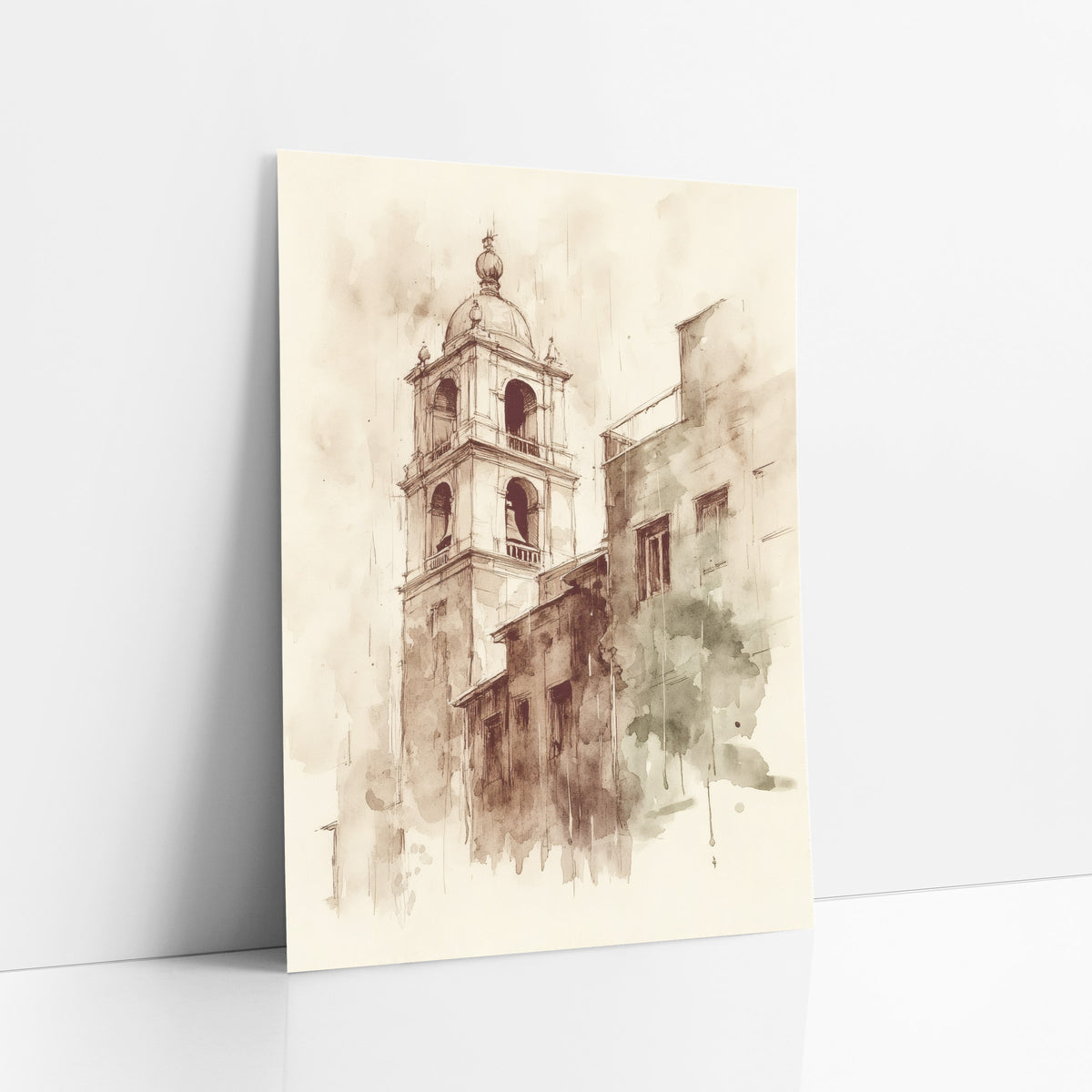 Domed Belfry Rooftops Classic art print leaning against a white wall – sepia ink and wash drawing of a domed bell tower