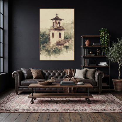 Pagoda Roof Belfry Treetops Japandi wall art in a moody dark academia room – sepia ink and wash drawing of a bell