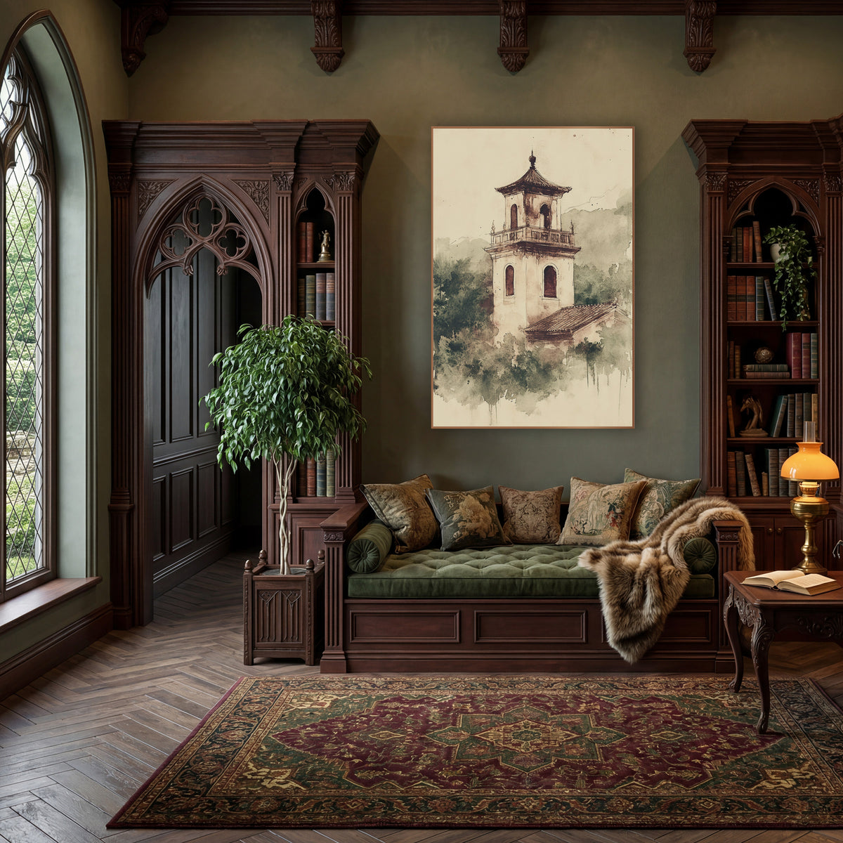 Pagoda Roof Belfry Treetops Japandi wall art in a moody dark academia room – sepia ink and wash drawing of a bell