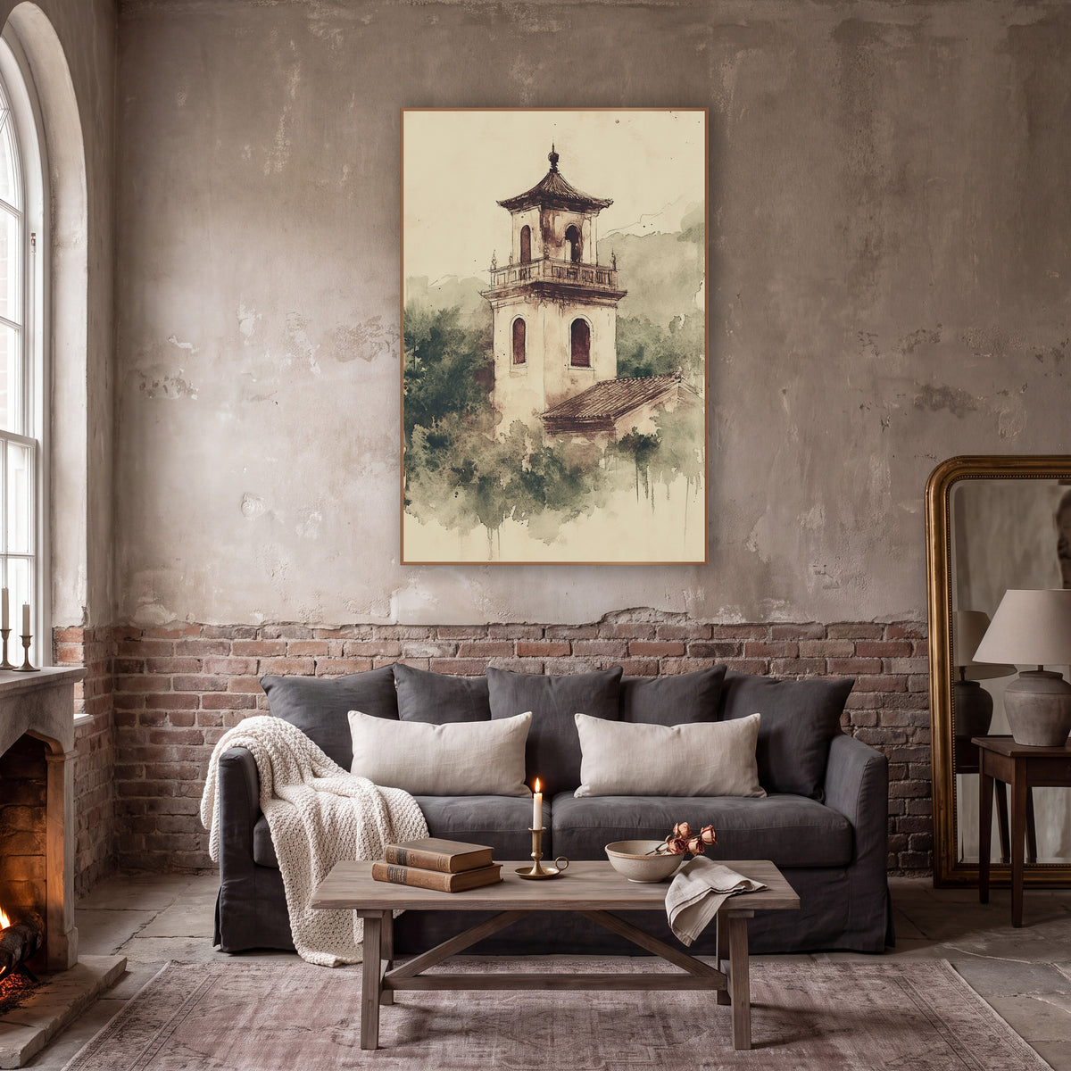 Pagoda Roof Belfry Treetops Japandi wall art in a moody dark academia room – sepia ink and wash drawing of a bell