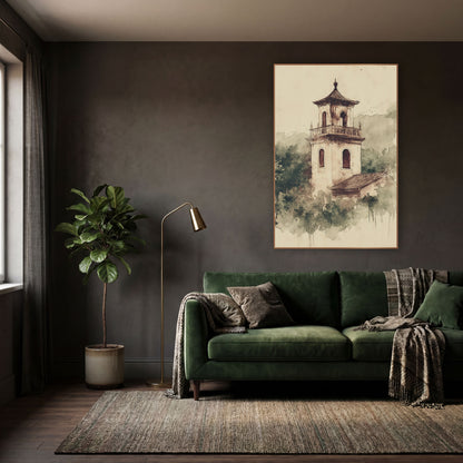 Pagoda Roof Belfry Treetops Japandi wall art in a moody dark academia room – sepia ink and wash drawing of a bell