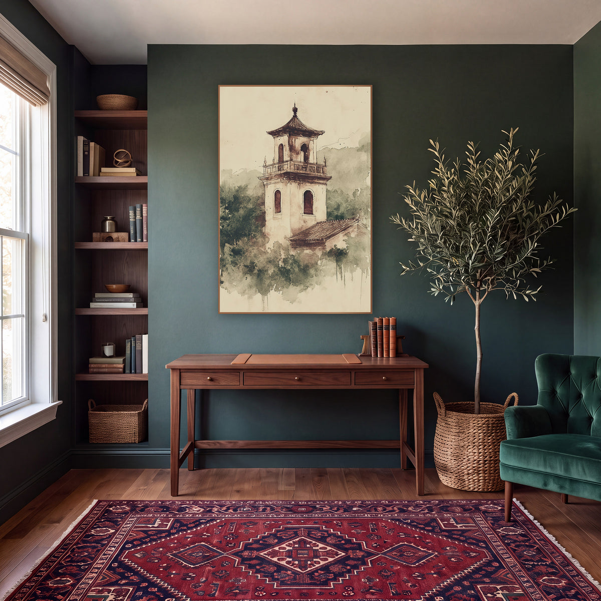 Pagoda Roof Belfry Treetops Japandi wall art in a moody dark academia room – sepia ink and wash drawing of a bell