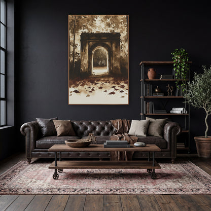 Sepia Stone Archway Woodland Scene wall art in a moody dark academia room – sepia wall art of a weathered stone