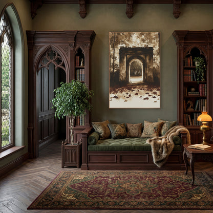 Sepia Stone Archway Woodland Scene wall art in a moody dark academia room – sepia wall art of a weathered stone