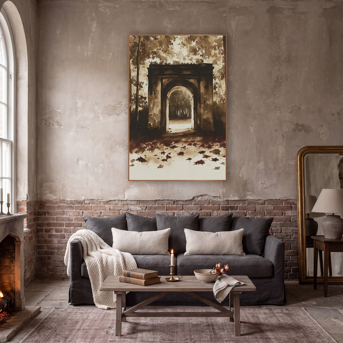 Sepia Stone Archway Woodland Scene wall art in a moody dark academia room – sepia wall art of a weathered stone
