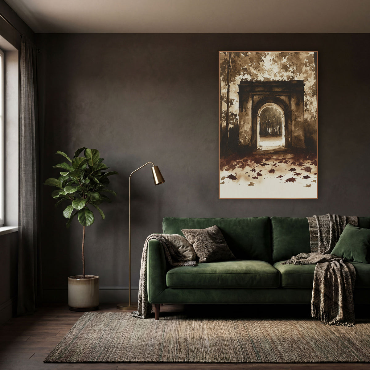 Sepia Stone Archway Woodland Scene wall art in a moody dark academia room – sepia wall art of a weathered stone