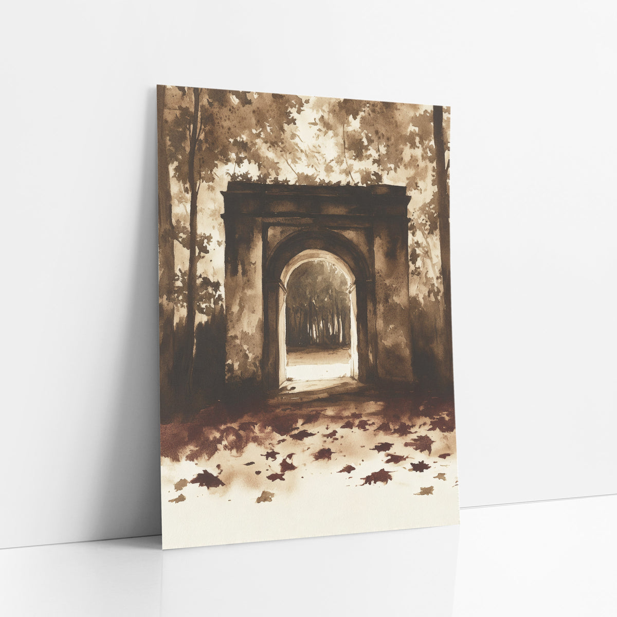 Sepia Stone Archway Woodland Scene art print leaning against a white wall – sepia wall art of a weathered stone archway among