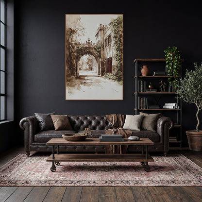 Sunlit Ivy Gatehouse Sepia Classic wall art in a moody dark academia room – sepia ink and wash drawing