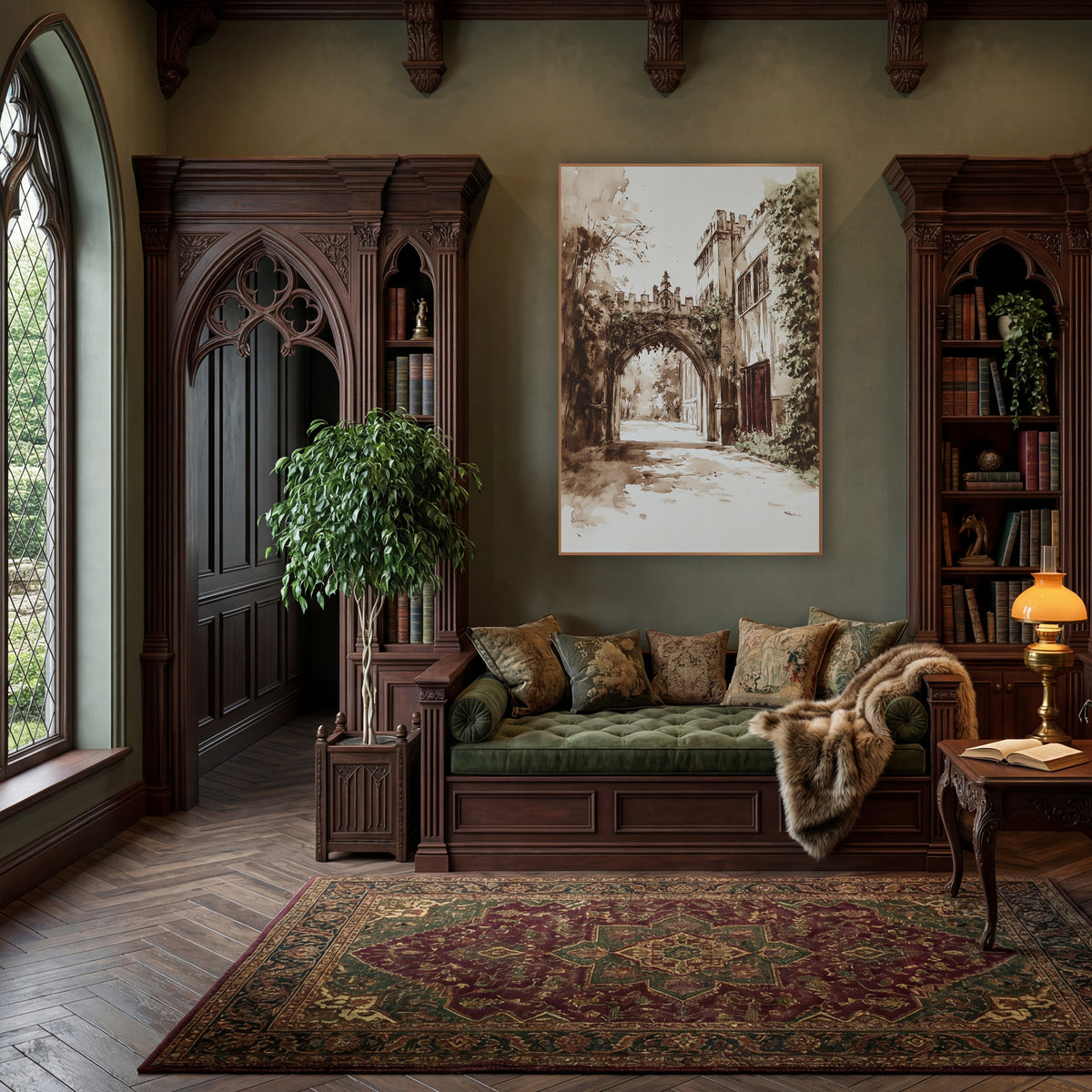 Sunlit Ivy Gatehouse Sepia Classic wall art in a moody dark academia room – sepia ink and wash drawing