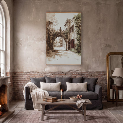 Sunlit Ivy Gatehouse Sepia Classic wall art in a moody dark academia room – sepia ink and wash drawing
