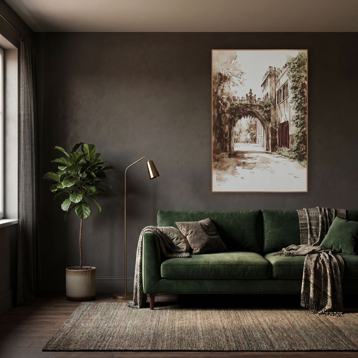Sunlit Ivy Gatehouse Sepia Classic wall art in a moody dark academia room – sepia ink and wash drawing