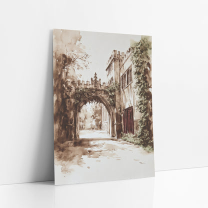 Sunlit Ivy Gatehouse Sepia Classic art print leaning against a white wall – sepia ink and wash drawing of an ivy-covered