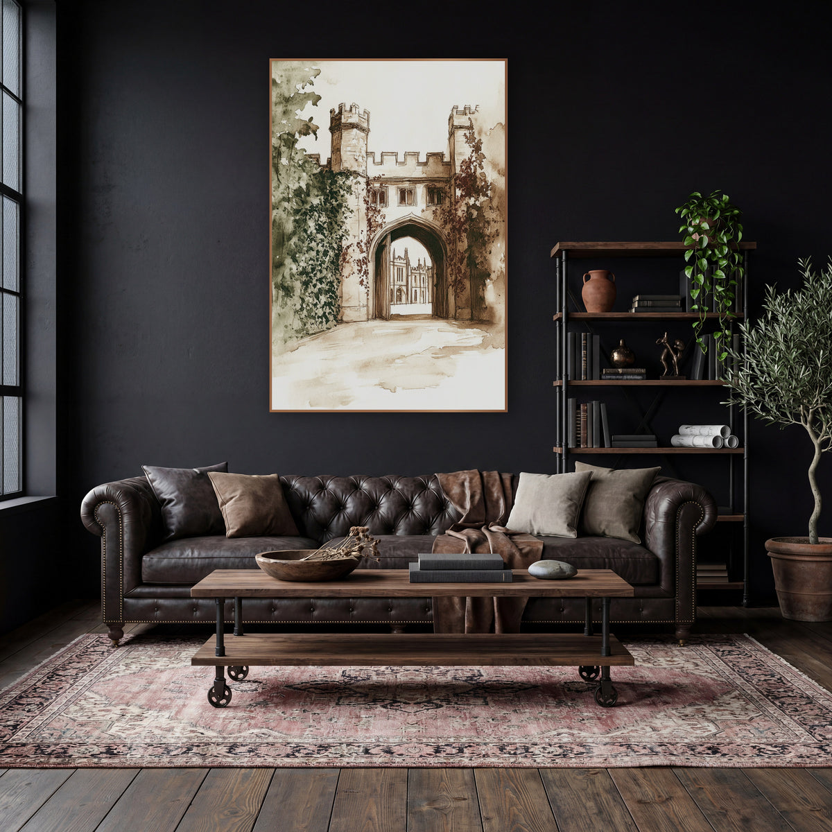 Ivy Gatehouse Sepia Ink Sketch wall art in a moody dark academia room – sepia ink and wash drawing of an ivy-covered