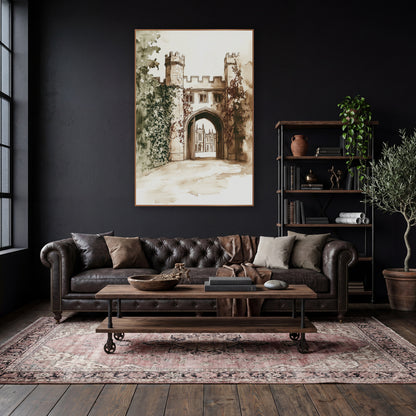 Ivy Gatehouse Sepia Ink Sketch wall art in a moody dark academia room – sepia ink and wash drawing of an ivy-covered